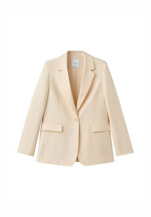 Beiger Blazer mit einem Knopf, Revers mit Kerbe, langen Ärmeln und zwei Klappentaschen, dargestellt vor weißem Hintergrund.