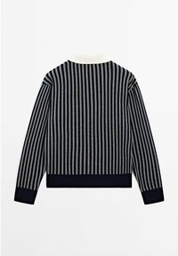 Navy and gray striped pullover sweater with a white collar. Features ribbed cuffs and hem, long sleeves, and vertical stripe pattern.