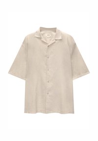 Ljusbeige kortärmad skjorta i linne med knäppning framtill, krage och avslappnad passform, samt en strukturerad yta.