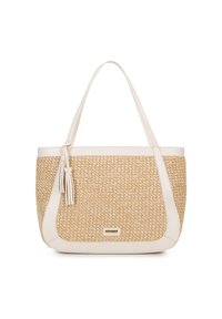 Borsa tote con rifiniture in pelle sintetica crema e corpo in paglia intrecciata. Presenta un dettagli di nappina laterale e un design spazioso per un facile trasporto.