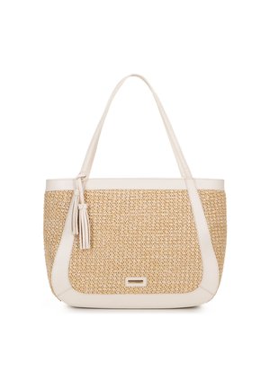 Borsa tote con rifiniture in pelle sintetica crema e corpo in paglia intrecciata. Presenta un dettagli di nappina laterale e un design spazioso per un facile trasporto.