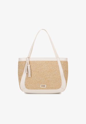 Borsa tote con rifiniture in pelle sintetica crema e corpo in paglia intrecciata. Presenta un dettagli di nappina laterale e un design spazioso per un facile trasporto.