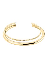 Gouden armband met twee gebogen banden; de ene glad en glanzend, de andere met kleine gematteerde kralen; minimalistisch ontwerp.