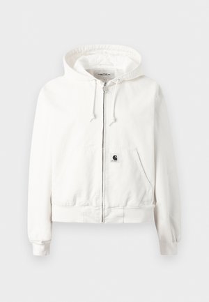 Bílá mikina s kapucí na zip, s šňůrkami na stažení kapuce, předními kapsami, žebrovanými manžetami a lemem a malou logovou nášivkou na přední kapse.