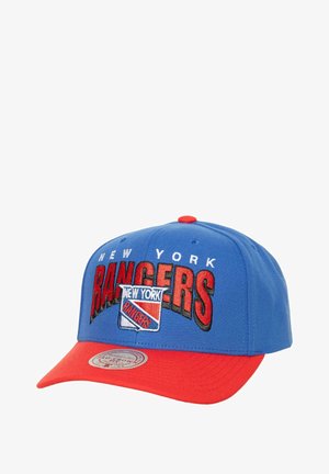 Blue baseball cap with red visor, featuring embroidered text "NEW YORK RANGERS" and logo on the front, and a circular brand patch on the side.