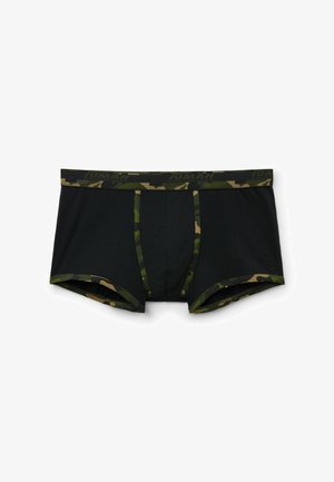 Boxer da uomo neri con una cintura e aperture per le gambe a motivo camouflage. Realizzati in materiale morbido per offrire comfort e una vestibilità aderente.