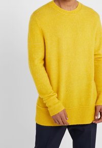 Homme portant un pull jaune vif à manches longues en maille avec poignets et ourlet côtelés, associé à un pantalon foncé, sur fond clair.