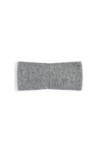 Gray wool headband with a soft texture, rectangular shape, and a seamless central join. Suitable for various head sizes.