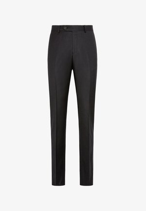 Černé kalhoty na míru vyrobené z hladké tkaniny, se zapínáním na knoflíky, rovného střihu a se sklady na přední straně.