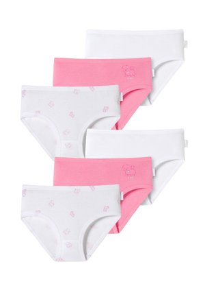 Zestaw sześciu bawełnianych majtek w kolorze różowym i białym. Dwie pary białe mają wzór z małym misiem; pozostałe są w jednolitych kolorach.