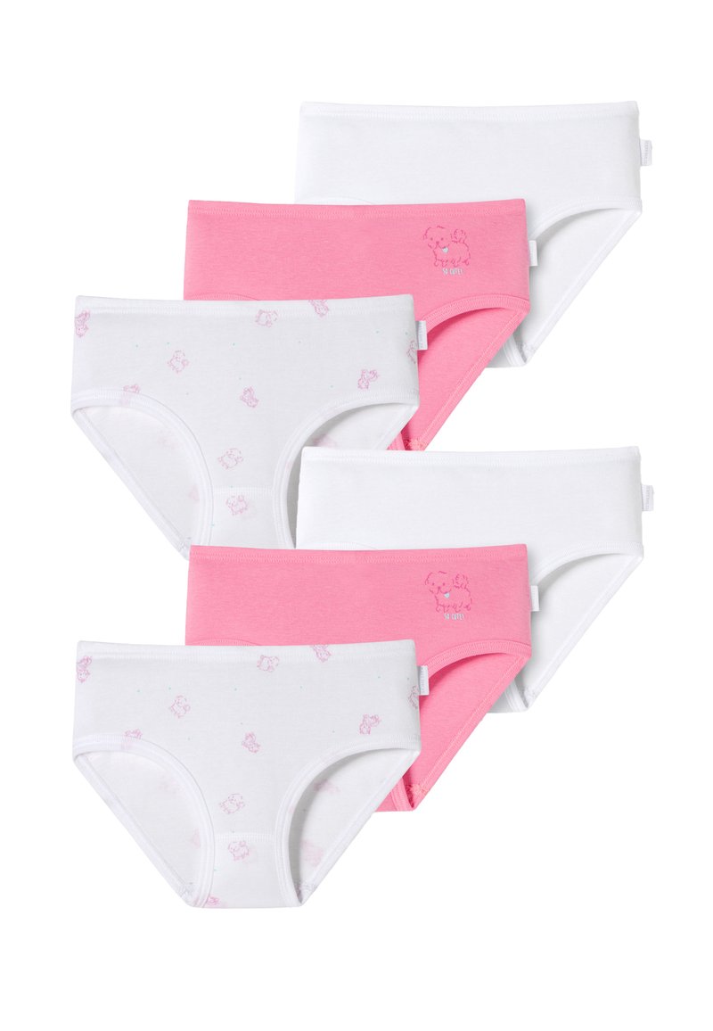 Sechserpack Baumwollslips in Rosa und Weiß. Zwei weiße Paare haben ein kleines Bärenmuster; die anderen sind einfarbig.
