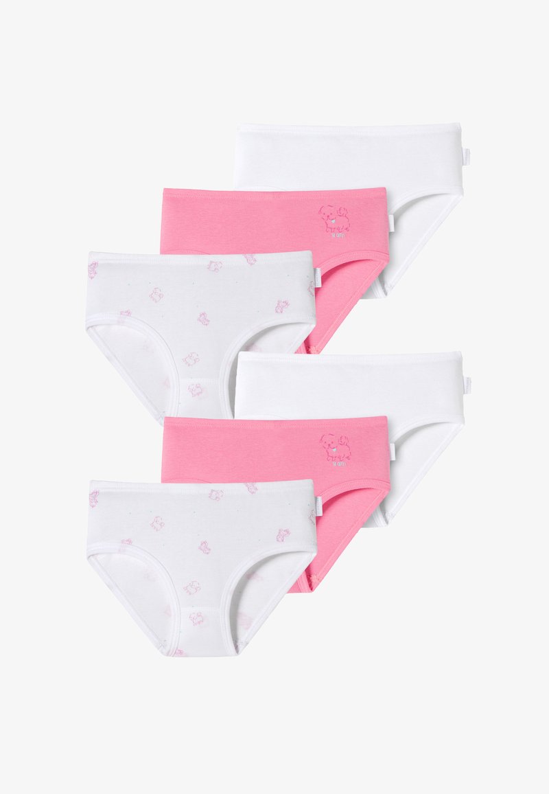 Set di sei slip in cotone rosa e bianchi. Due paia bianchi presentano un motivo a piccoli orsetti; gli altri sono in colori solidi.