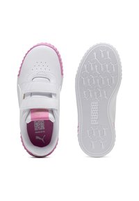 Scarpe sintetiche bianche con colletto imbottito, due cinturini in Velcro, accenti rosa sulla suola e sulla soletta, suola in gomma testurizzata con battistrada a motivi.