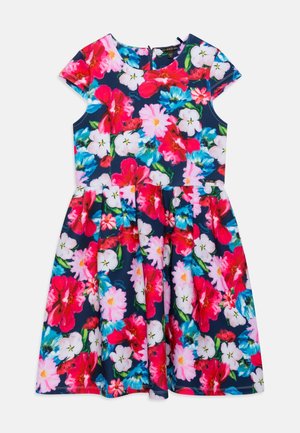 Floral dress in navy blue fabric featuring vibrant pink, white, and blue flowers. Short sleeves and flared skirt with pleats at the waist.
