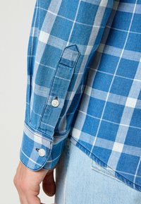 Blauwe plaid shirt met witte strepen, knoopsluiting op de manchetten en denim-textuur, met een licht gebogen zoom.