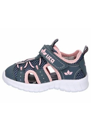 Children's sandals with a dark blue and pink design, mesh upper, cut-out details, adjustable strap, and white rubber sole.