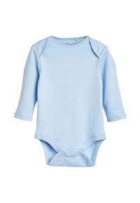 Ljusblå långärmad babybodi i mjukt tyg, med rund halsringning och tryckknappar i botten för enkel påklädning.