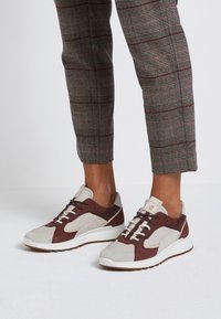 Zapatillas marrones y beige con materiales de ante y malla, que cuentan con cordones blancos, una suela de goma y un diseño aerodinámico.