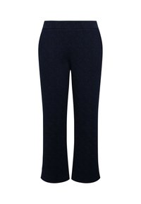 Tumman siniset lyhyet housut, joissa on hienovarainen lehdekuvio, joustava vyötärö ja sileä pinta. Rennon istuvuuden omaava suora lahjetyyli.