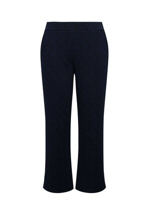 Pantalones recortados de color navy con un sutil patrón de hojas, cinturilla elástica y una textura suave. Corte casual con un diseño de pierna recta.