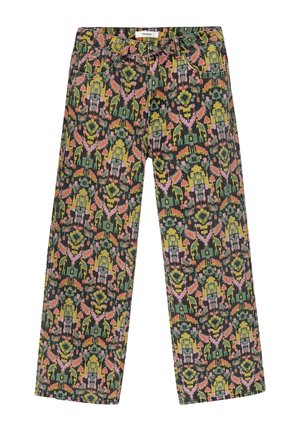 Pantalon à jambes larges à motifs en tissu foncé, présentant un imprimé floral et géométrique multicolore avec poches et ceinture.