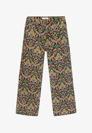 Pantalon à jambes larges à motifs en tissu foncé, présentant un imprimé floral et géométrique multicolore avec poches et ceinture.