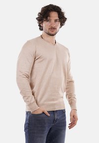 Maglione beige a V realizzato in tessuto morbido, con maniche lunghe e polsini a coste. Abbinato a jeans blu scuro. Vestibilità casual.