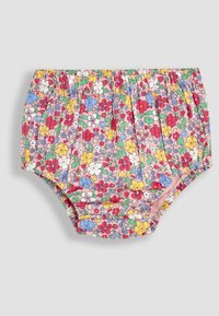 Pantalón de bebé con estampado floral en rosa, que presenta una cinturilla elástica y un diseño plisado. Los colores incluyen rojo, amarillo, azul y verde.