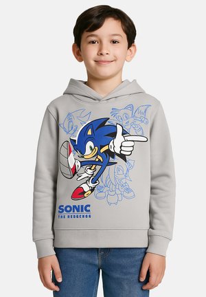 Grey hoodie featuring Sonic the Hedgehog graphic, blue and red accents, long sleeves, and front kangaroo pocket. Cotton material, casual fit.