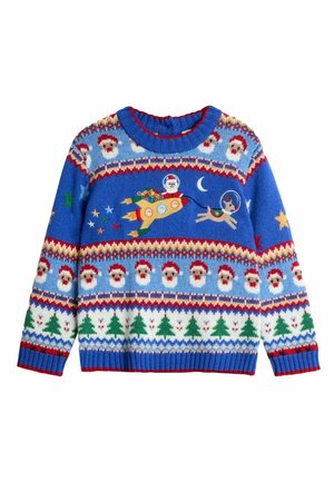 Blauer gestrickter Pullover mit festlichen Motiven von Santa, einem Rentier und Bäumen. Akzentuiert mit roten und weißen Mustern sowie einem Rundhalsausschnitt.