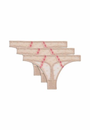 Tre par beige tangatrosor med blommönster i rosa, med en genomskinlig design och mjukt, texturerat tyg.