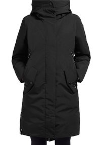Parka nera con collo alto, cappuccio e tasche con zip. Presenta una silhouette dritta e un tessuto texturizzato.