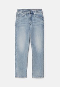 Světle modré džíny s vysokým pasem, rovný střih, pět kapes, zapínání na knoflík a zip.