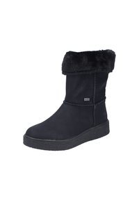 Botte noire mi-mollet en cuir texturé avec un revers en fausse fourrure. Elle dispose d'une semelle en caoutchouc et de coutures décoratives le long des côtés.