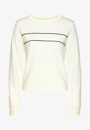 Weißer, langärmeliger Sweatshirt mit Rundhalsausschnitt, der zwei horizontale schwarze Streifen über die Brust hat. Weicher Stoff mit gerippten Bündchen.