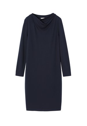 Navy blue, long-sleeve dress with a cowl neckline, made from smooth, stretchy fabric. Minimalistic design, knee-length with a form-fitting silhouette.