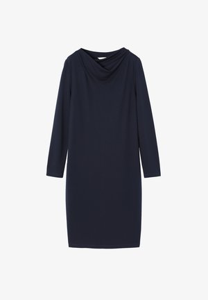 Temno modra obleka z dolgimi rokavi in spuščeno ovratnikom, narejena iz gladkega, elastičnega materiala. Minimalističen dizajn, do kolen z oprijetim silhueto.