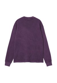 Felpa lunga viola con texture a coste, scollo a girocollo e vestibilità rilassata. Caratterizzata da spalle cadenti e polsini a coste.