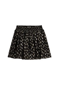 Fekete szoknya ráncolt kivitelben, arany leopárd mintával. Rugalmas derékpántja van. Könnyed anyag, amely légies textúrával rendelkezik.