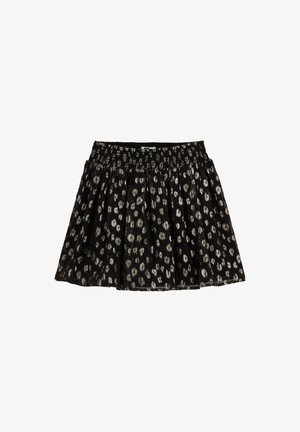 Gonna nera con un design arricciato, caratterizzata da un motivo a macchie di leopardo dorate. La vita elastica offre elasticità. Tessuto fluido con una texture leggera.