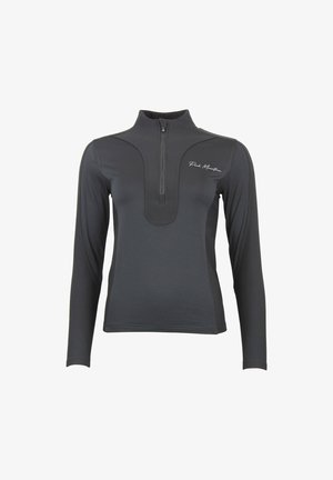 Pull-over à manches longues, de couleur gris foncé, avec un col montant et une fermeture éclair à mi-hauteur. Doté d'un tissu texturé et d'un logo discret sur la poitrine.