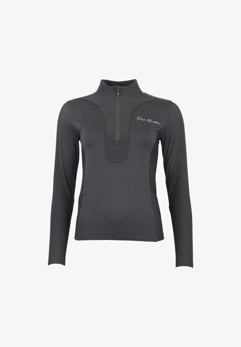 Pull-over à manches longues, de couleur gris foncé, avec un col montant et une fermeture éclair à mi-hauteur. Doté d'un tissu texturé et d'un logo discret sur la poitrine.