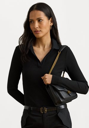 RIB-KNIT LONG-SLEEVE POLO TOP - Pulóver - black