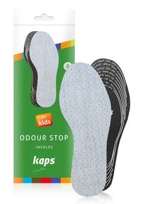 Kaps Odour Stop insoles for kids feature a light grey, perforated top layer and a black bottom with printed sizing details.