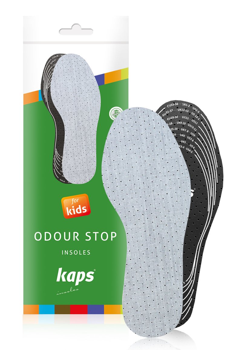 Kaps Odour Stop insoles for kids feature a light grey, perforated top layer and a black bottom with printed sizing details.