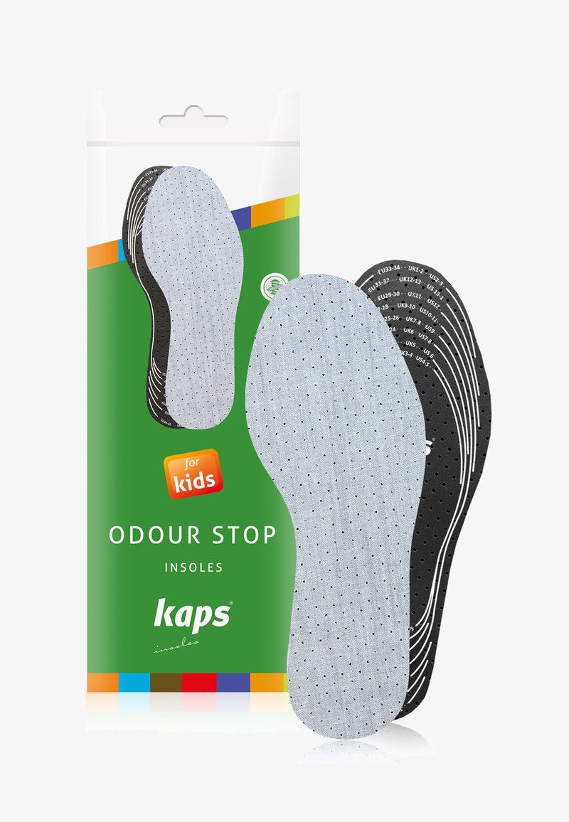 Kapsi Odour Stop laste sisetallad on helehallid, aukudega ülemine kiht ja must alumine osa, millel on trükitud suuruse üksikasjad.