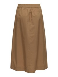 Jupe marron longueur genoux avec taille élastique, coupe droite et design simple, présentée sur fond blanc.