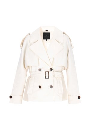 Cremefarbener Trenchcoat mit doppelreihigem Design, großem Kragen, Schulterklappen und tailliertem Gürtel. Verfügt über dunkle Knöpfe und Taschenapplikationen.