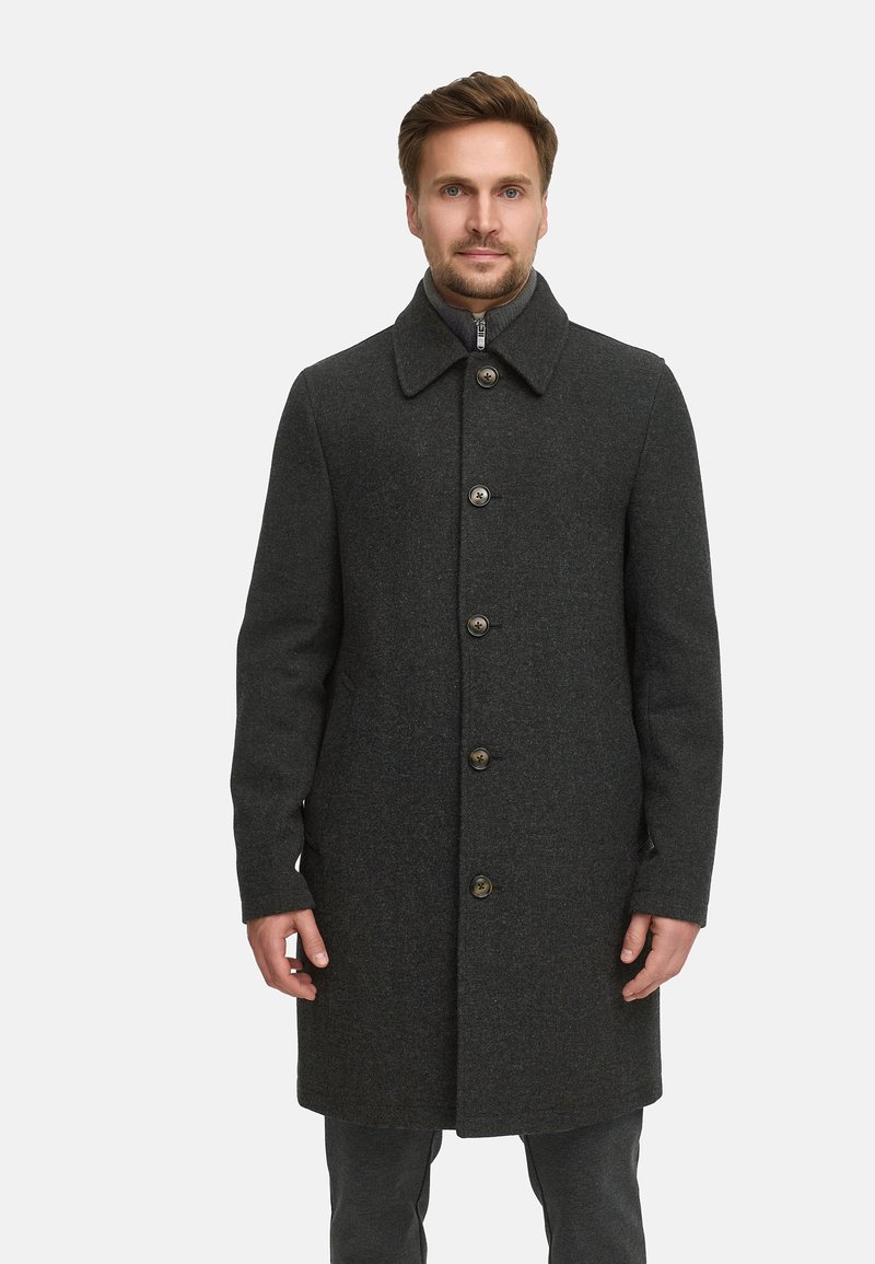 Dunkelgrauer Wollmantel mit Kragen, fünfknöpfigem Verschluss und seitlichen Taschen. Einfaches Design, mittlere Länge und leicht strukturierter Stoff.