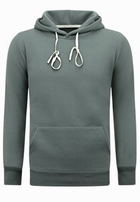 Hoodie in gedempt groene stof. Voorzien van een voorste kangoeroezak, witte trekkoorden en ribgebreide boorden en zoom.